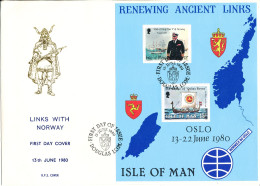 Isle Of Man FDC 13-6-1980 Miniature Sheet Visit Of King Olav V. Of Norway (big Size Cover) - Man (Ile De)