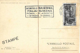 ITALIA ITALY - 1952 ROMA Incontro Di Baseball ITALIA-SPAGNA 3-7 Prima Partita Della Nazionale - Annullo Targhetta -10689 - Base-Ball