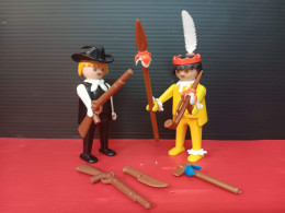 Antiguas Figuras Muñecos Indio Y Pistolero Sheriff Playmobil Geobra Famobil De Los Años 80 - Playmobil