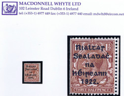 Ireland 1922 Harrison Rialtas 5-line Coils, 1½d Brown, Misguillotined With Part Neighbouring Stamp At Right Mint Hinged - Nuevos