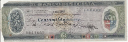 ASSEGNO - BANCO DI SICILIA - CASTRONOVO DI SICILIA 1960 - Assegni & Assegni Di Viaggio