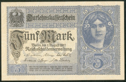 Deutsches Reich Darlehnskassenschein 5 Mark 1. Aug. 1917 Rote Kenn Nr.R15136911(8stellig) Rosenberg Nr.54c, I-II - 5 Rentenmark
