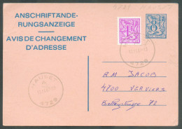 CANTONS De L'EST - AVIS De Changement D'adresse 8Fr + Tp 1Fr. Obl. Sc HAUSET 17-11-87 Vers Verviers - 21998 - Avviso Cambiamento Indirizzo