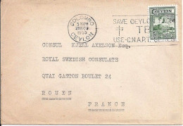 CEYLAN N° 281 S/L. DE COLOMBO/28.11.55 POUR LA FRANCE - Sri Lanka (Ceylon) (1948-...)