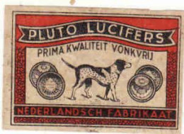Dutch Matchbox Label, Pluto Lucifers, Prima Kwaliteit Vonkvru, Dog - De Hond, Holland, Netherlands - Matchbox Labels