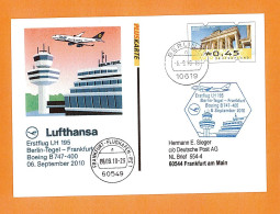 Entier Postal Pluskarte Stationery Premier Vol First Flight Berlin Frankfurt Boeing 747 Lufthansa 2010 - Private Covers - Used
