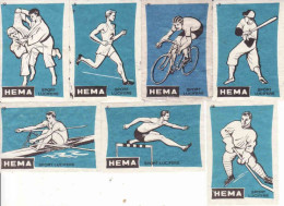 7 Dutch Matchbox Labels, HEMA Sport Blue Series Lucifers, Holland, Netherlands - Matchbox Labels