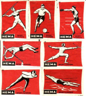 7 Dutch Matchbox Labels, HEMA Sport Red Series Lucifers, Holland, Netherlands - Boites D'allumettes - Etiquettes