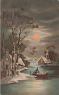 ART - Tableau - Village Sous La Neige - Barque - Pleine Lune - Carte Postale Ancienne - Paintings