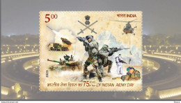 India 2023 Army Day, Helicopter, Arjun Tank MK III, Gun, Sword, Sniper, Paratroopers, Rocket, War Block 1v Stamp MNH - Nuevos