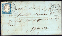 1857 09 LUGLIO IV EMISSIONE C.20 SASS 15 BEN MARGINATO SU PIEGO DI LETTERA DA S.MARGHERITA IN RAPALLO P2 PER GENOVA FIRM - Sardinië