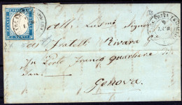1857 09 LUGLIO IV EMISSIONE C.20 SASS 15 BEN MARGINATO SU PIEGO DI LETTERA DA S.MARGHERITA IN RAPALLO P2 PER GENOVA FIRM - Sardaigne