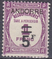 Andorre Français 1931-1932 Taxe N° 13 MH * 5 Francs Sur 1 Franc (J10) - Nuovi