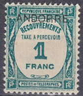 Andorre Français 1932 Taxe N° 14 MH * 1 Franc Vert Bleuâtre (J10) - Ongebruikt