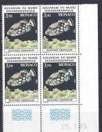 MONACO - N° 1486 - POISSON MUSEE OCEANOGRAPHIQUE - Bloc De 4 COIN DATE - NEUF SANS CHARNIERE - 25/7/85 - Neufs