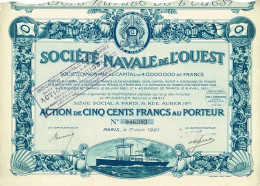 Titre De 1921 - Société Navale De L' Ouest - Belle Déco - Navigazione