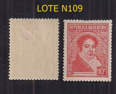 ARGENTINE 1935/52 PROCERES Y RIQUEZAS GJ 796 10c RIVADAVIA TYPOGRIAFIED MATE IMPORTÉ AVEC RESTE DE CHARNIÈRE - Nuevos