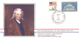 American Constitution Johnson Accepts Appointment Nov 12 1787 Cover ( A82 78) - Independecia USA