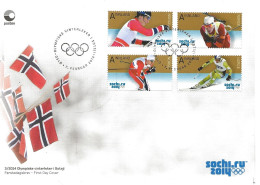 Norway 2014 Olympic Winter Games, Sochi Russia, Skiing, Biathlon Bjørgen, Berger, Nordtug, Svindal Mi 1839-1842  FDC - Storia Postale