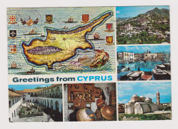 Greetings From Cyprus Multiple Views Map, Church, Harbour, Buildings, 1980s Photo Postcard W/Topic Stamps Abroad /67293 - Chipre