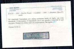 ITALIA REPUBBLICA ITALY REPUBLIC 1954 CAVALLINO PACCHI LIRE 1000 RUOTA WHEEL OTTIMA CENTRATURA BORDO USATO CERTIFICATO - Paquetes Postales