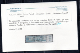 ITALIA REPUBBLICA ITALY REPUBLIC 1954 CAVALLINO PACCHI LIRE 1000 RUOTA WHEEL OTTIMA CENTRATURA BORDO USATO CERTIFICATO - Paketmarken