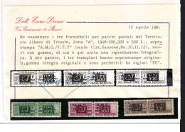 TRIESTE A  1947-48 SOPRAST:SU DUE RIGHE Pacchi Postali 12 Valori Con CERTIFICATO ENZO DIENA MNH** - Pacchi Postali/in Concessione