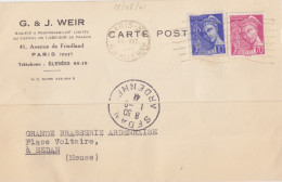 CP "G & J Weir" Obl. Flier Paris XV Le 28/8/41 Sur 10c + 70c Mercure N° 407, 416 (tarif Du 1/12/39) Pour Sedan - 1938-42 Mercurio