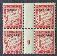Andorre 1931/32 Taxe 3 En Bloc De 4 Millesime 9 Petites Adhérences  ** - Nuovi