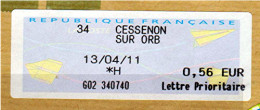 Vignette, Étiquette De Guichet " 34 - CESSENON SUR ORB "  Sur Fragment (921)_E455 - 2000 « Avions En Papier »