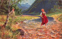 ART - Tableau - Un Couple Jouant Dans La Rivière - Montagnes Suisses - Costume - Carte Postale Ancienne - Paintings