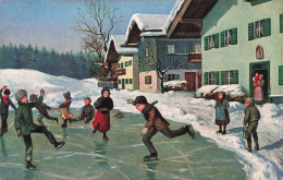 ART - Tableau - Enfants Lors De La Récréation - Patinage Sur Glace - Hiver - Chalets - Carte Postale Ancienne - Paintings