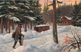 ART - Tableau - Facteur Livrant Son Courrier Dans Les Montagnes - Hiver - Chalets - Carte Postale Ancienne - Peintures & Tableaux