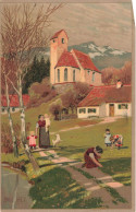 ART - Tableau - Village Dans Les Montagnes - église - Enfants Cueillant Des Fleurs- Carte Postale Ancienne - Peintures & Tableaux