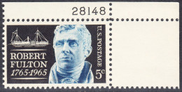 !a! USA Sc# 1270 MNH SINGLE From Upper Right Corner W/ Plate-# 28148 - Robert Fulton - Nuovi