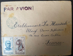 Madagascar Lettre Par Avion 1951 Obliteration CaD Bleu De Besalampy Pour La France Elbeuf Complément Au Verso - Covers & Documents