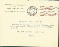 Guerre 40 Franchise Cursive Le Chef De L'état Français Paris 1942 Secrétariat Particulier Maréchal Pétain Zone Occupée - 2. Weltkrieg 1939-1945