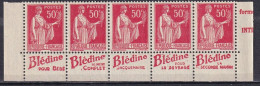 Publicité - YT 283f Paix 50c Type III - Bande De 5 Blédine Inférieure BdF (Maury: BP223a) Neuf** Cote 45€ - Unused Stamps