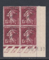 France Préoblitéré N° 53 (.) Type Semeuse  15 C. Brun-lilas En Bloc De 4 Coin Daté Du 10 . 11 . 37 ; Neuf Ss Gomme, TB - Precancels