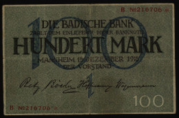 Geldschein Banknote Baden 6 100 Mark Mannheim 15.12.1918 II - Sonstige & Ohne Zuordnung