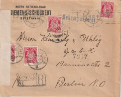 NORGE / NORWEGEN - 1919, Posthorn 10 Öre  (4), R-Brief, Kristiana - Berlin, Geprüft Gem. Verordnung V 15.11.1918 - Storia Postale