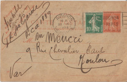 VP 65 . Entier Postal Sur Carte . Type Semeuse . Avignon . 1926 . - Enveloppes Types Et TSC (avant 1995)