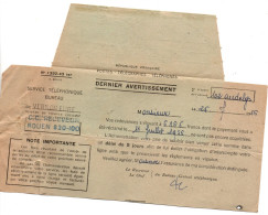 Télégramme PTT Service Téléphonique - Vernon Eure 1956 - Dernier Avertissement - Telegraph And Telephone