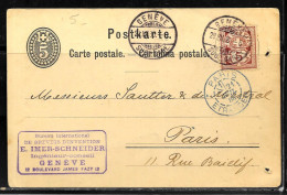 1C383 - SUISSE - CP DE GENEVE DU 20/07/1886 POUR PARIS FRANCE - CACHET PARIS ETRANGER - BREVET D'INVENTION IMER SCHNEIDE - Marcophilie