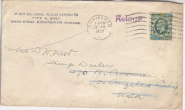 UNITED KINGDOM. 1937/Birmingham, Firm-envelope To Los Angeles/retour. - Cartas & Documentos