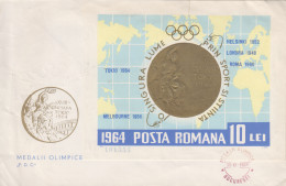 Enveloppe  FDC   1er  Jour   ROUMANIE   Bloc  Feuillet    Jeux  Olympiques  TOKYO   1964 - FDC