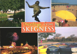 SKEGNESS, LINCOLNSHIRE, MULTIPLE VIEWS, ARCHITECTURE, STATUE, LAKE, BEACH, UMBRELLA, ENGLAND, UNITED KINGDOM, POSTCARD - Andere & Zonder Classificatie