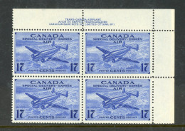 Canada 1942-43 MNH (Trans Canada Airplane And Aerial View Of A City) Plate Block - Ungebraucht