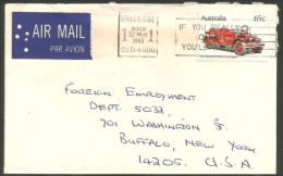 Australia Ahrens-Fox Fire Engine 1983 Cover From Brisbane QLD To Buffalo N.Y. USA ( A91 962) - Camions