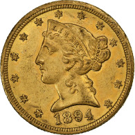 États-Unis, $5, Half Eagle, Coronet Head, 1894, New Orleans, Or, TTB+, KM:101 - 5$ - Half Eagles - 1866-1908: Coronet Head (tête Couronnée)